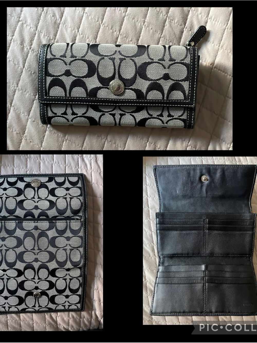 Coach Gray and Black Signature Canvas Continental Wallet